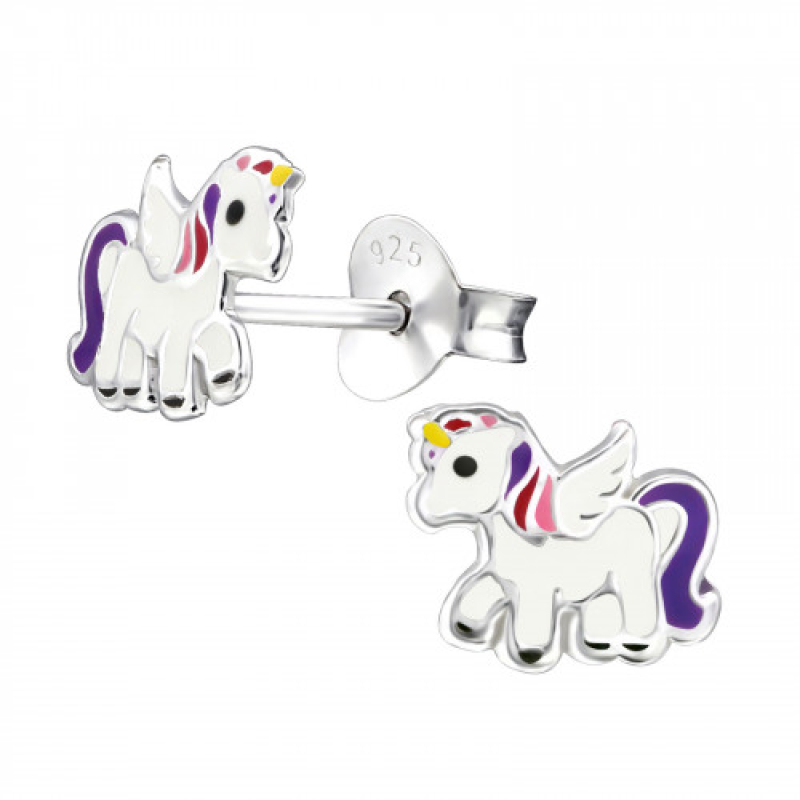 Oorknopjes zilver eenhoorn rose/paars